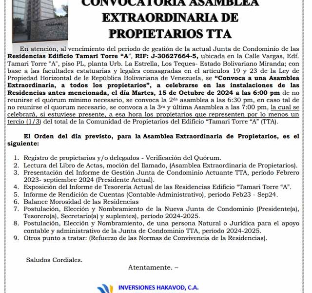 CONVOCATORIA ASAMBLEA EXTRAORDINARIA DE PROPIETARIOS TTA