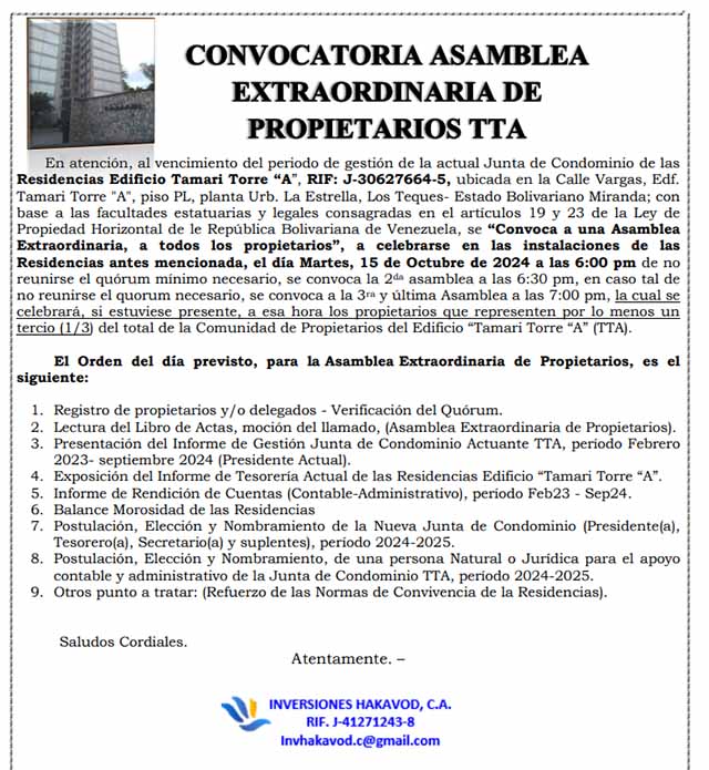 CONVOCATORIA ASAMBLEA EXTRAORDINARIA DE PROPIETARIOS TTA